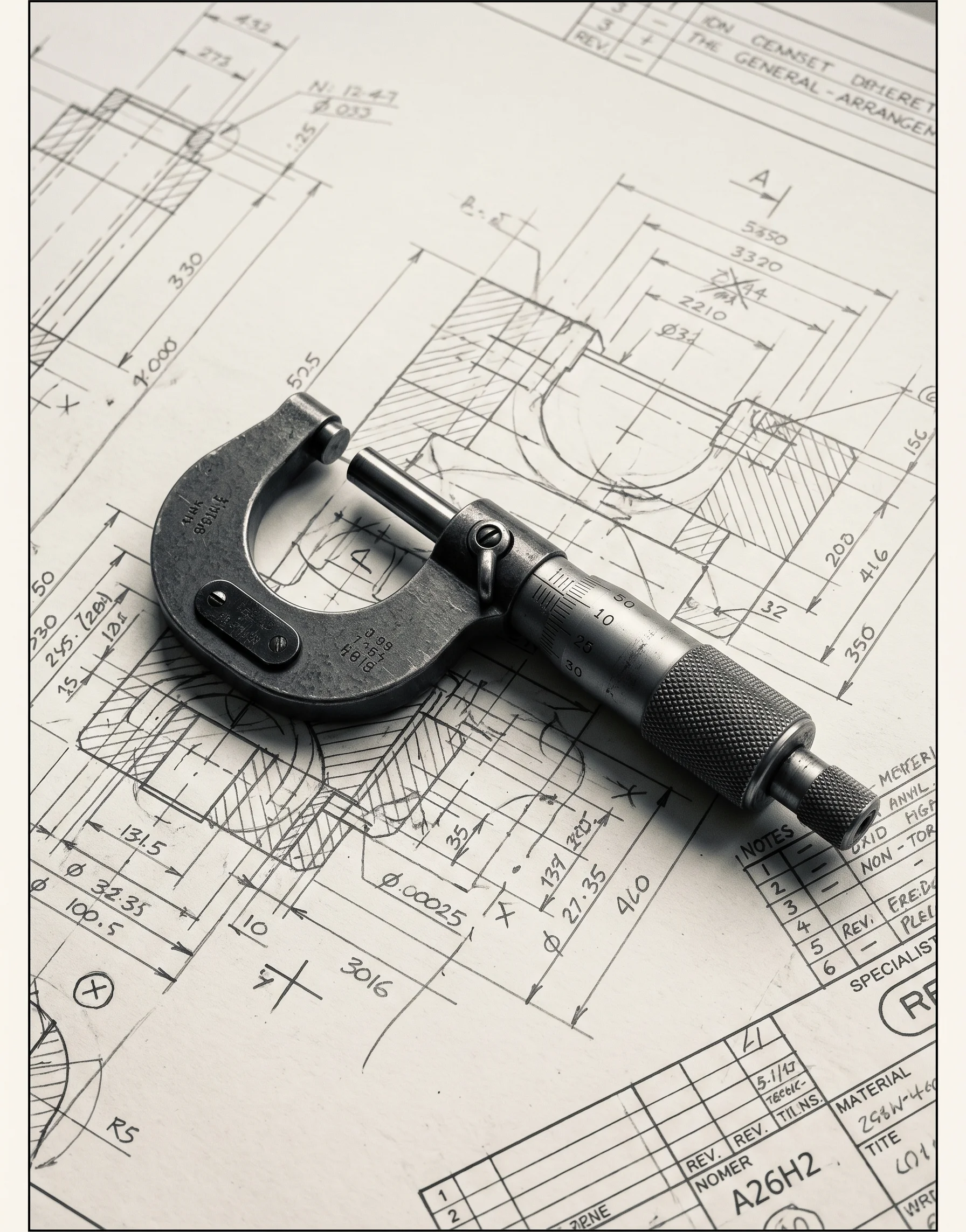 Micrometer resting on an annotated general-arrangement engineering drawing