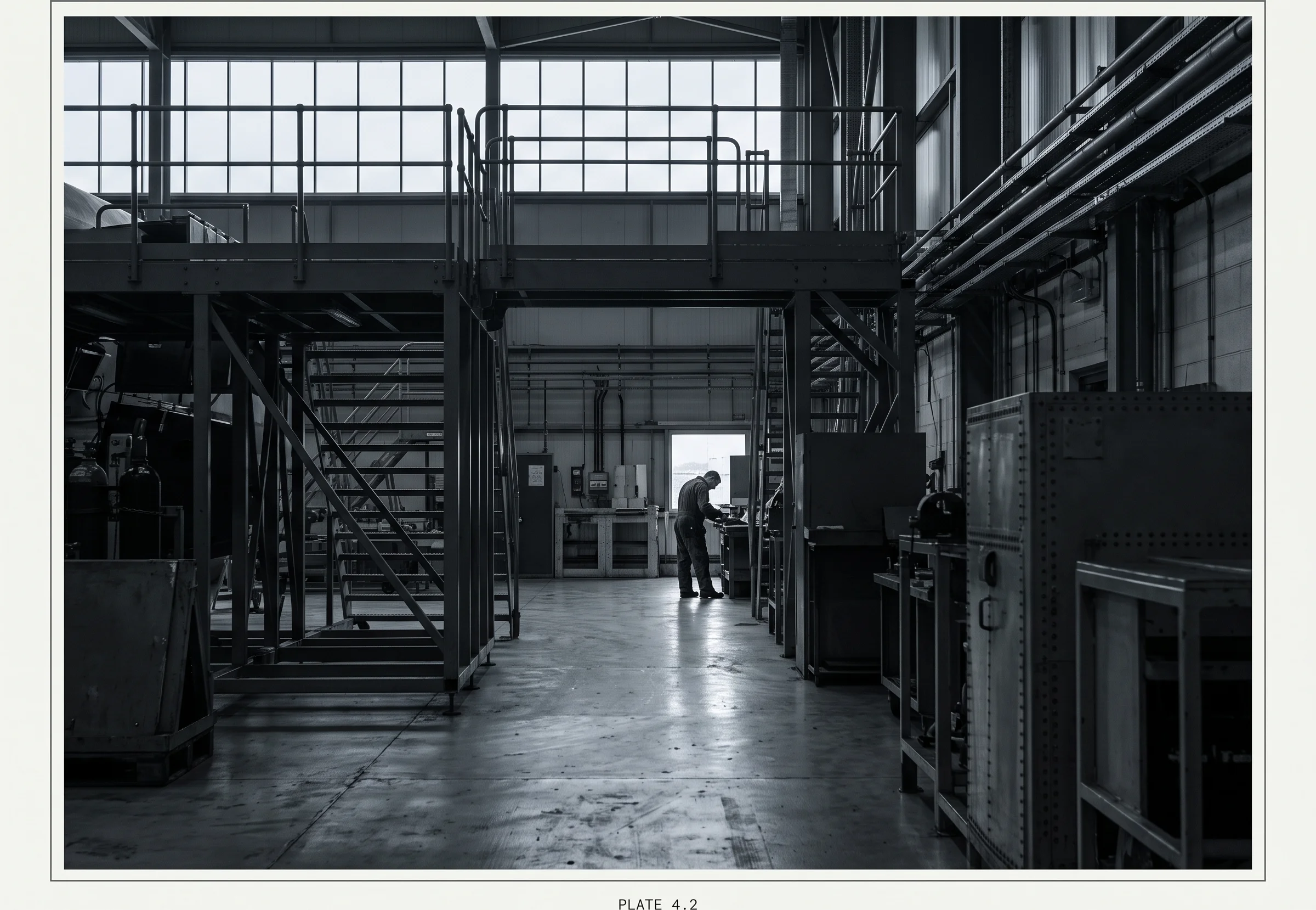 Maintenance hangar interior lit by cold daylight from high windows
