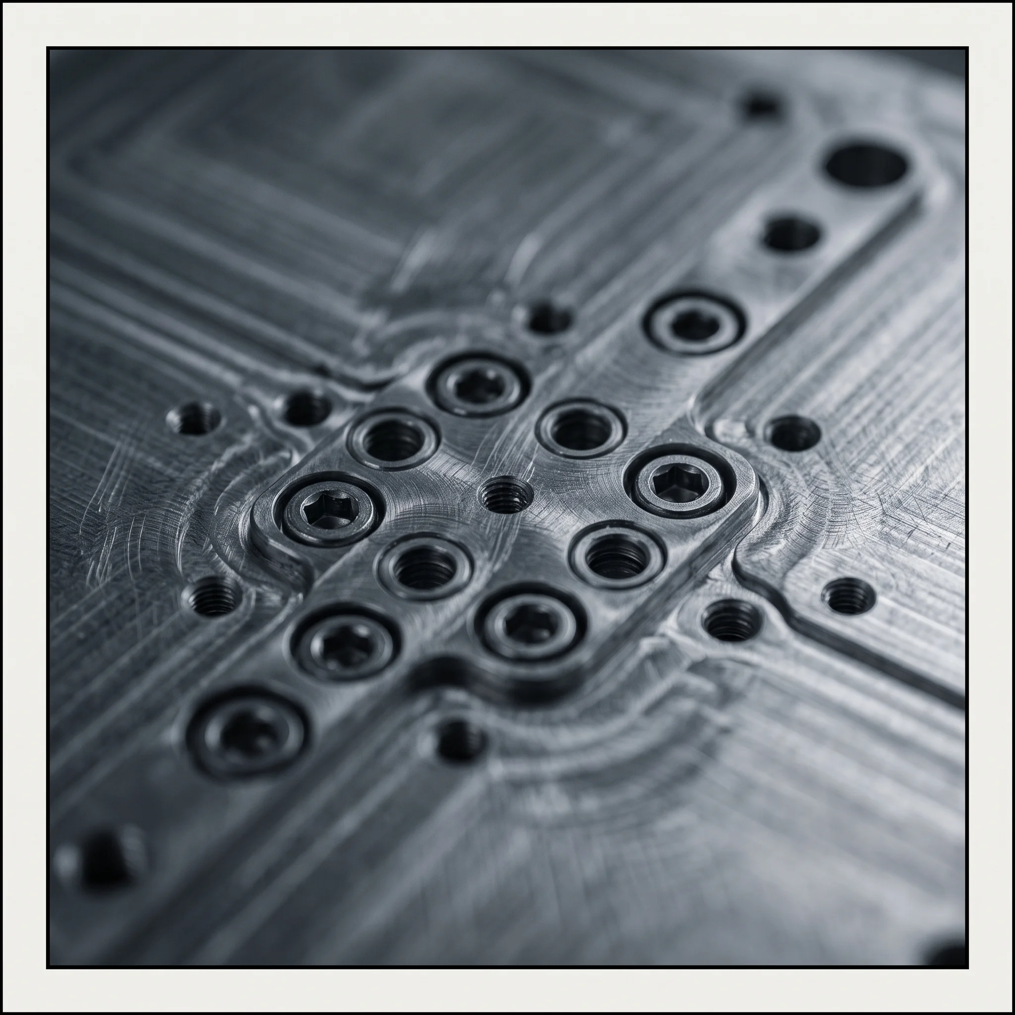 Close-up of a machined aluminium panel with a precise fastener pattern