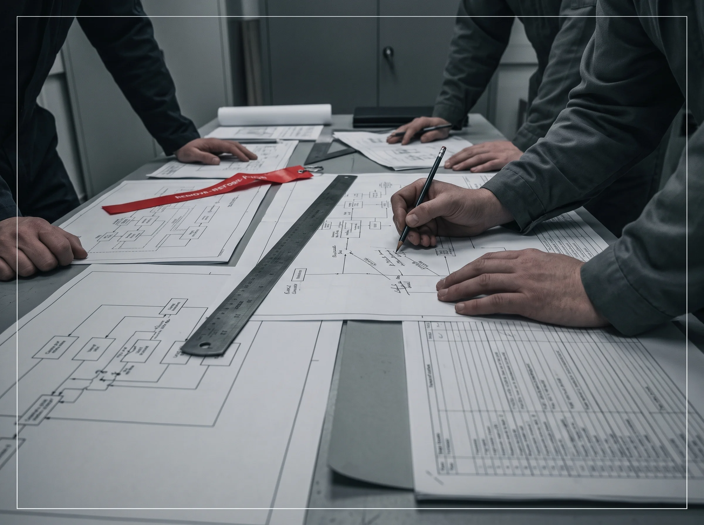 Engineers marking up technical drawings across a briefing-room table