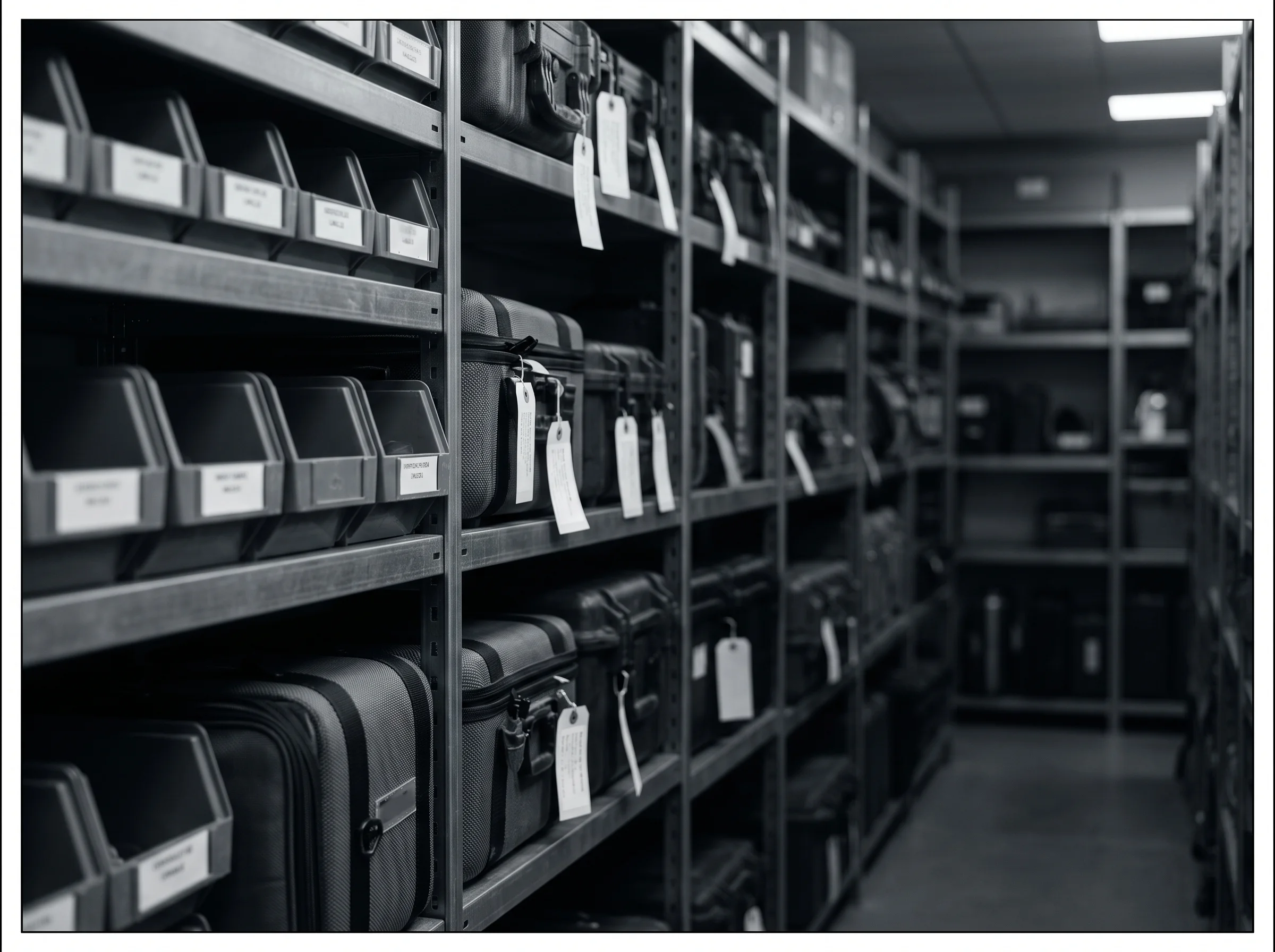 Stores aisle of labelled spares bins on steel racking under fluorescent light